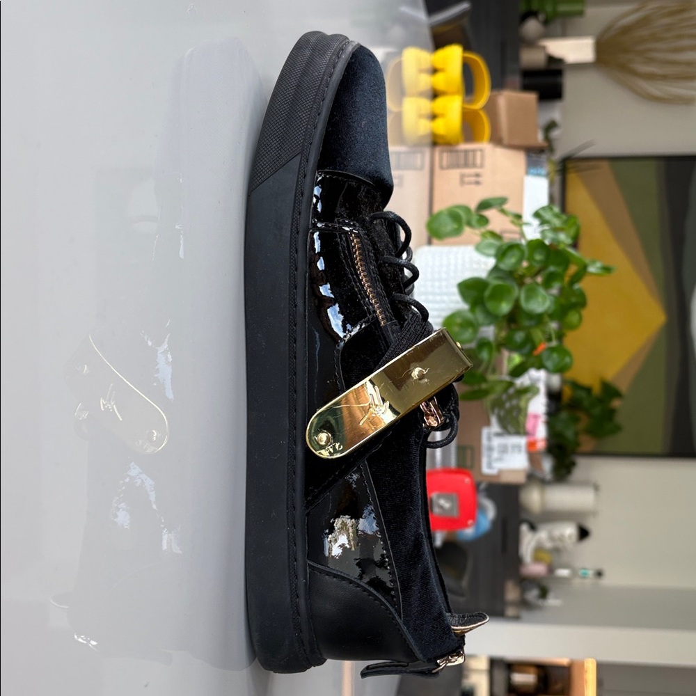 Giuseppe Zanotti Black Leather and Velvet Sneakers with Gold Accents - Picture 3 of 6